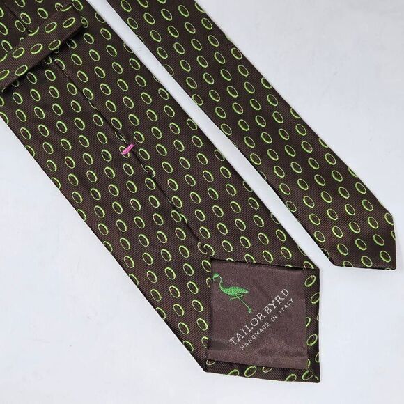TAILORBYRD HANDMADE ITALY SILK TIE BROWN GREEN OLIVE FOULARD SATIN 3.5" X 58" - Picture 2 of 3